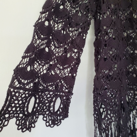 NWOT Sz XS Black Open Crochet Knit Open Style Cardigan Fringe 3/4 Sleeve BOHO - Picture 6 of 15